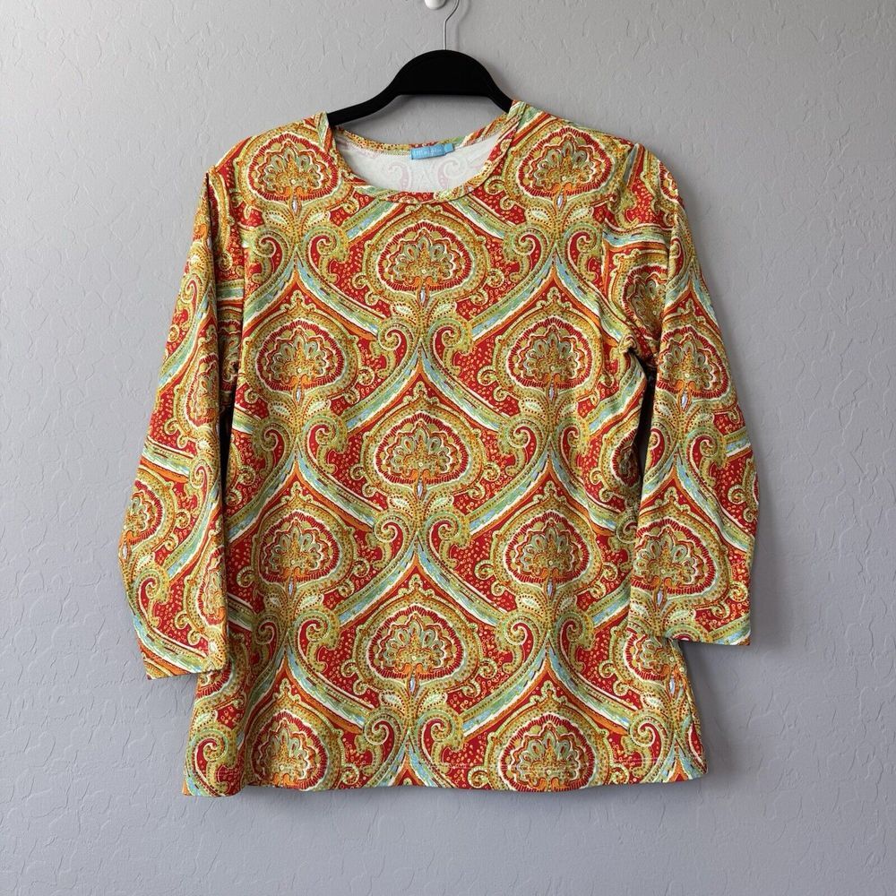 J.McLaughlin Large Lime Green Red Blue Pattern 3/4 Sleeve Top‎